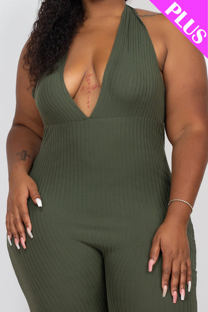 Plus Size Halter V Neck Ribbed Bodycon Jumpsuit - Capella Apparel