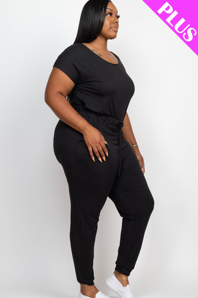 Plus Size Solid Drawstring Short Sleeve Jumpsuit - Wholesale Capella Apparel