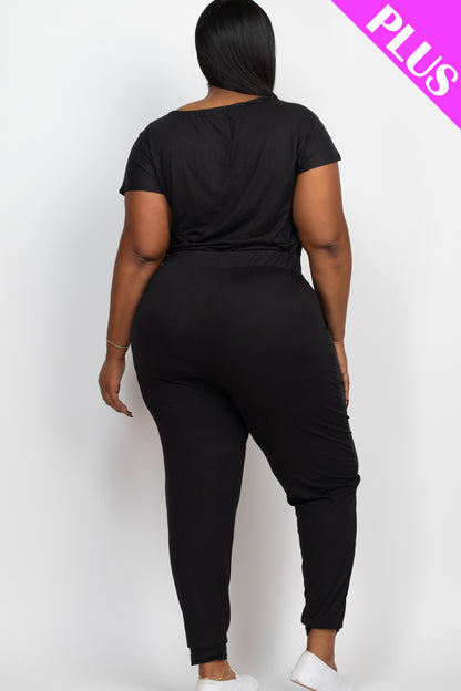 Plus Size Solid Drawstring Short Sleeve Jumpsuit - Wholesale Capella Apparel