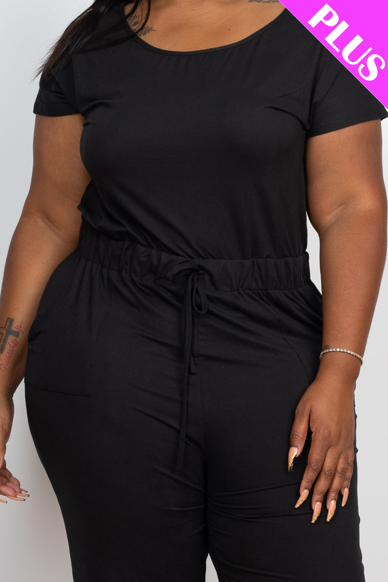 Plus Size Solid Drawstring Short Sleeve Jumpsuit - Wholesale Capella Apparel