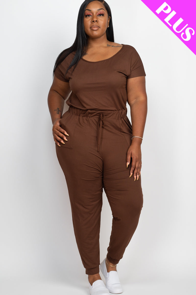 Plus Size Solid Drawstring Short Sleeve Jumpsuit - Wholesale Capella Apparel