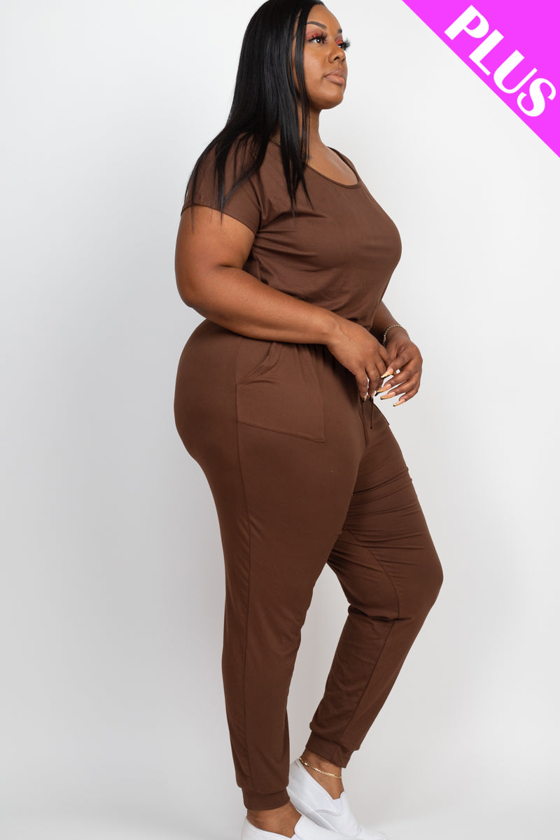 Plus Size Solid Drawstring Short Sleeve Jumpsuit - Wholesale Capella Apparel