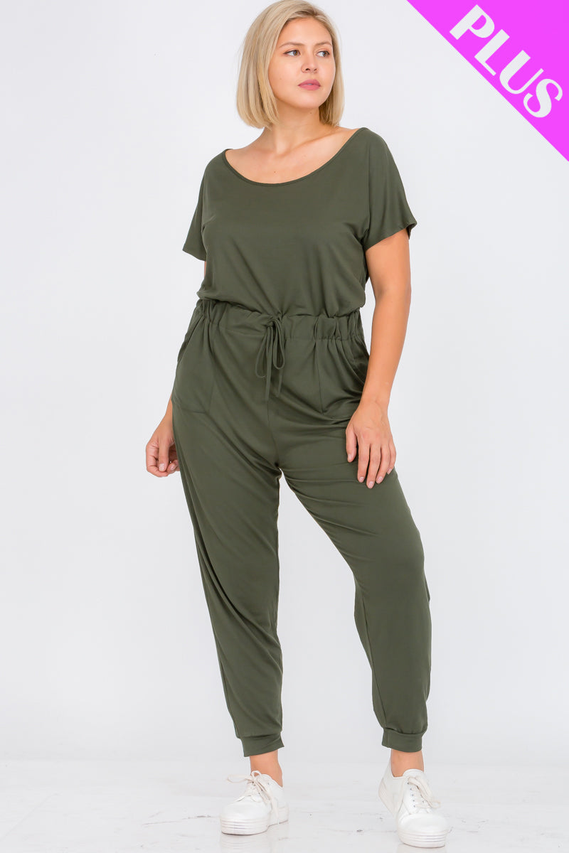 Plus Size Solid Drawstring Short Sleeve Jumpsuit - Wholesale Capella Apparel