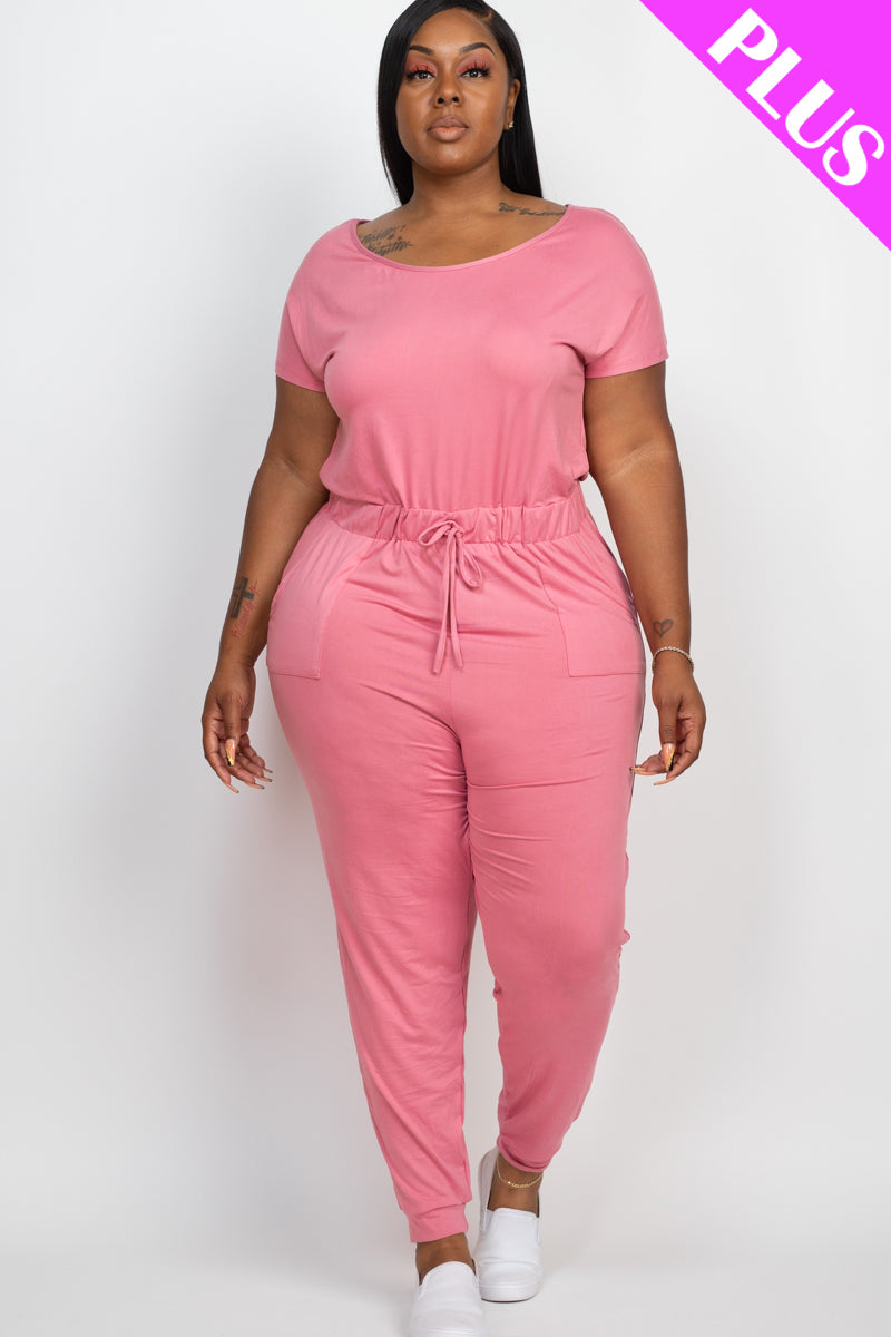 Plus Size Solid Drawstring Short Sleeve Jumpsuit - Wholesale Capella Apparel