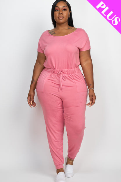 Plus Size Solid Drawstring Short Sleeve Jumpsuit - Wholesale Capella Apparel