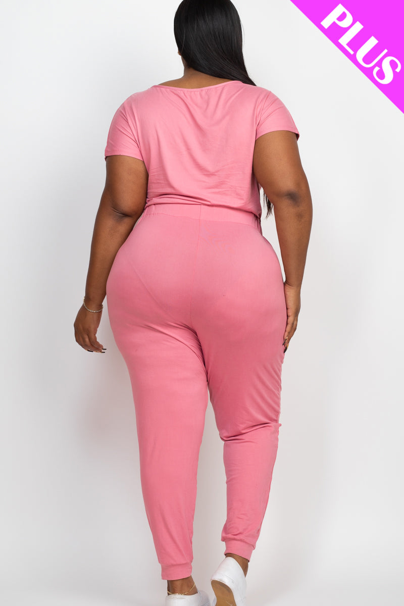 Plus Size Solid Drawstring Short Sleeve Jumpsuit - Wholesale Capella Apparel