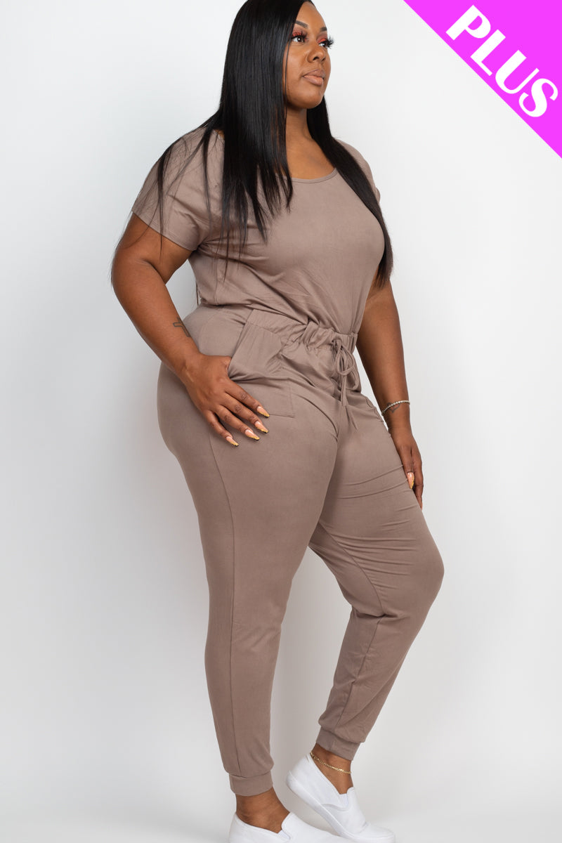 Plus Size Solid Drawstring Short Sleeve Jumpsuit - Wholesale Capella Apparel