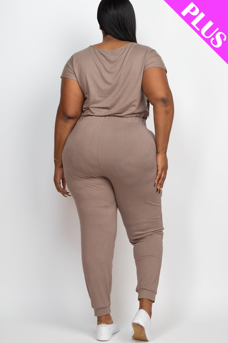 Plus Size Solid Drawstring Short Sleeve Jumpsuit - Wholesale Capella Apparel