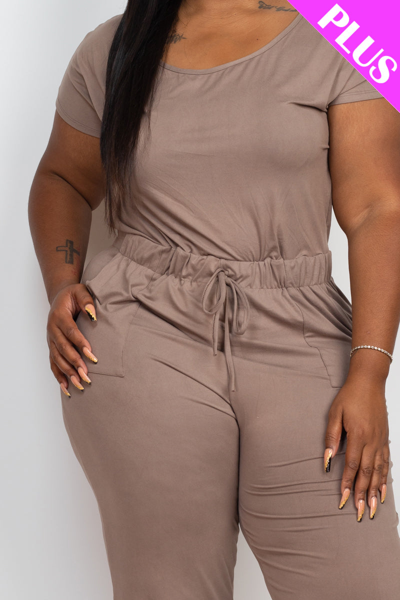 Plus Size Solid Drawstring Short Sleeve Jumpsuit - Wholesale Capella Apparel