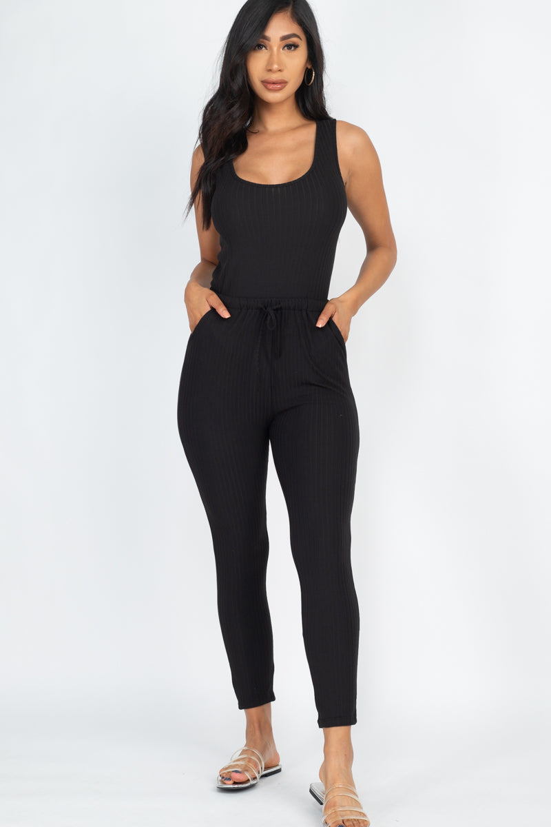 Ribbed Sleeveless Drawstring Jumpsuit (CAPELLA) - Capella Apparel