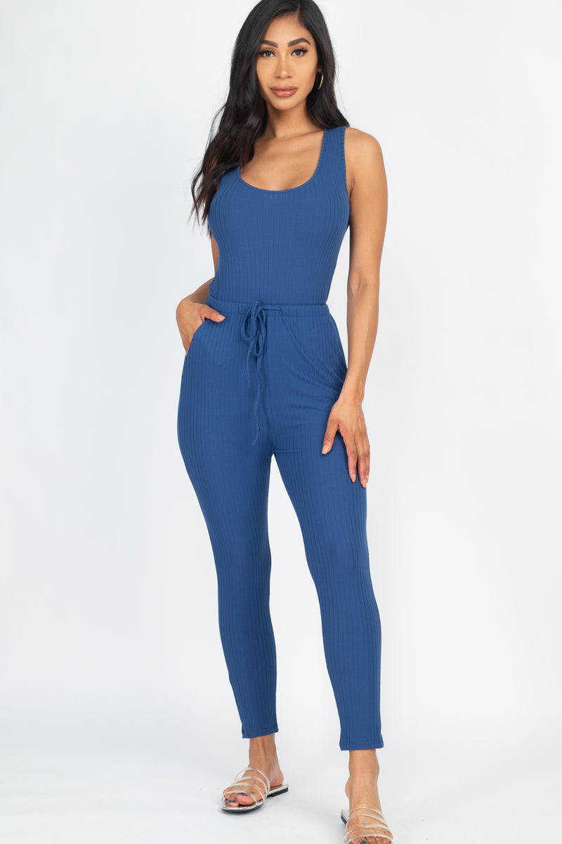 Ribbed Sleeveless Drawstring Jumpsuit (CAPELLA) - Capella Apparel