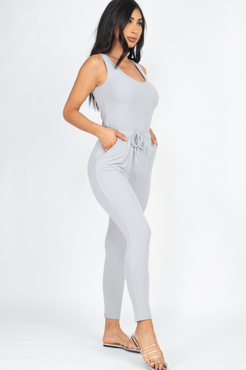 Ribbed Sleeveless Drawstring Jumpsuit (CAPELLA) - Capella Apparel