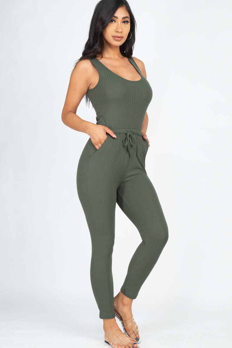 Ribbed Sleeveless Drawstring Jumpsuit (CAPELLA) - Capella Apparel