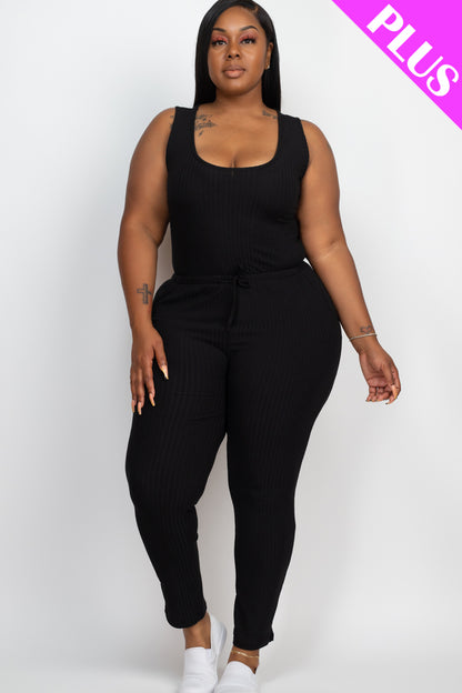 Plus Size Ribbed Sleeveless Drawstring Jumpsuit - Capella Apparel Wholesale