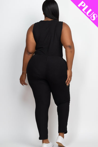 Plus Size Ribbed Sleeveless Drawstring Jumpsuit - Capella Apparel Wholesale