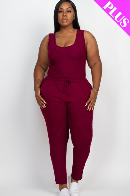 Plus Size Ribbed Sleeveless Drawstring Jumpsuit - Capella Apparel Wholesale