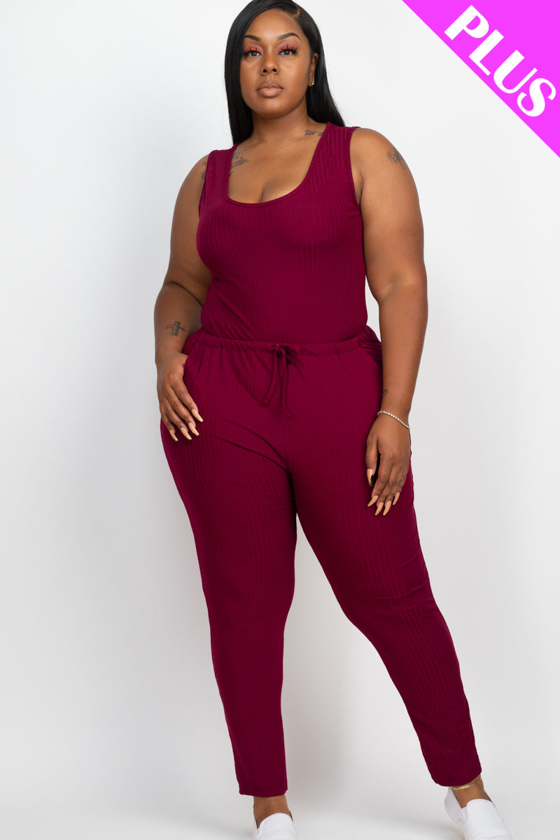 Plus Size Ribbed Sleeveless Drawstring Jumpsuit - Capella Apparel Wholesale