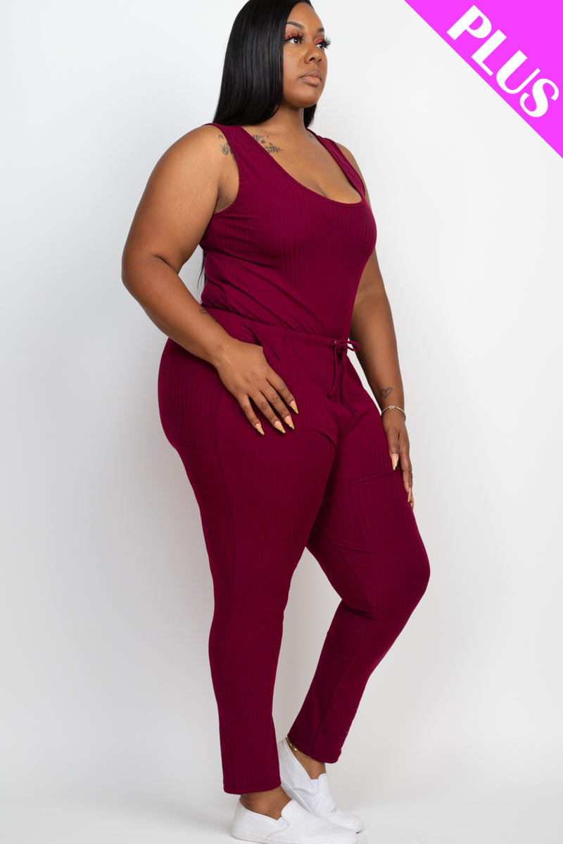 Plus Size Ribbed Sleeveless Drawstring Waist Jumpsuit (CAPELLA) - Capella Apparel