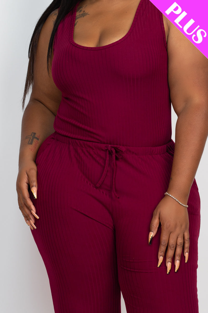 Plus Size Ribbed Sleeveless Drawstring Waist Jumpsuit (CAPELLA) - Capella Apparel