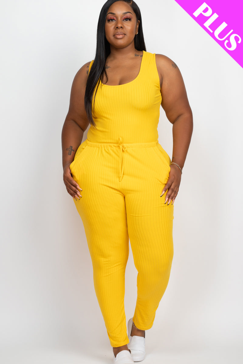 Plus Size Ribbed Sleeveless Drawstring Jumpsuit - Capella Apparel Wholesale