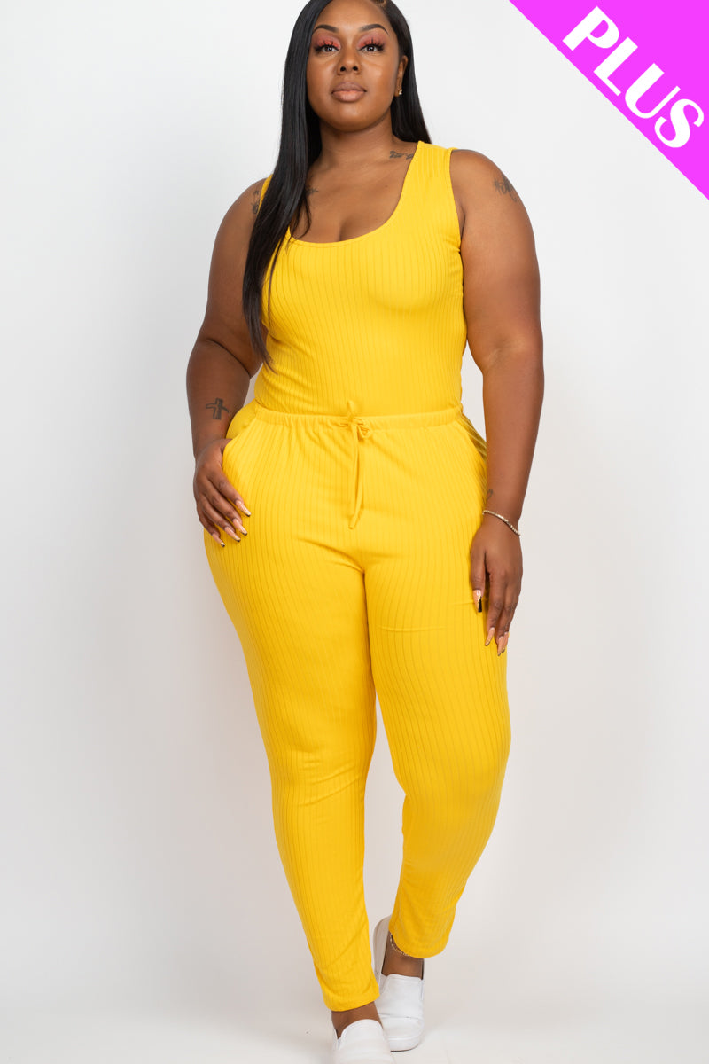 Plus Size Ribbed Sleeveless Drawstring Jumpsuit - Capella Apparel Wholesale