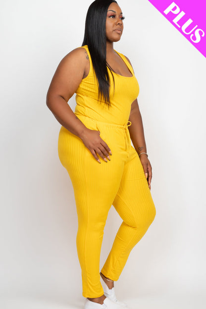 Plus Size Ribbed Sleeveless Drawstring Waist Jumpsuit (CAPELLA) - Capella Apparel