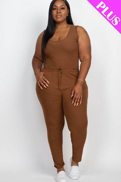 Plus Size Ribbed Sleeveless Drawstring Waist Jumpsuit (CAPELLA) - Capella Apparel