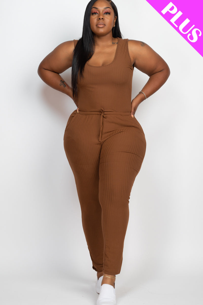 Plus Size Ribbed Sleeveless Drawstring Jumpsuit - Capella Apparel Wholesale