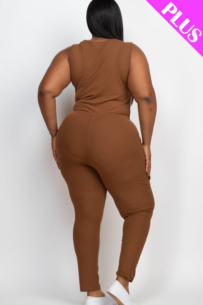 Plus Size Ribbed Sleeveless Drawstring Jumpsuit - Capella Apparel Wholesale