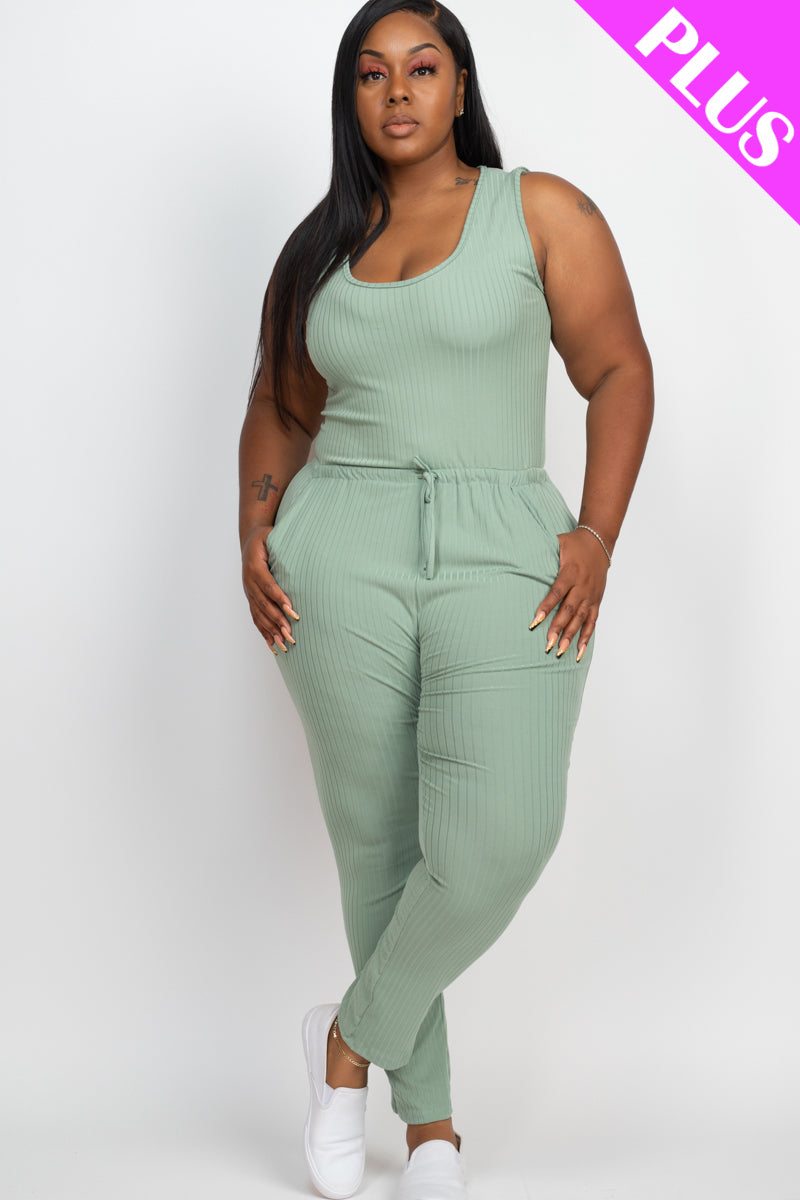 Plus Size Ribbed Sleeveless Drawstring Jumpsuit - Capella Apparel Wholesale