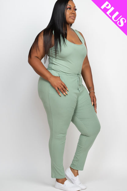 Plus Size Ribbed Sleeveless Drawstring Jumpsuit - Capella Apparel Wholesale