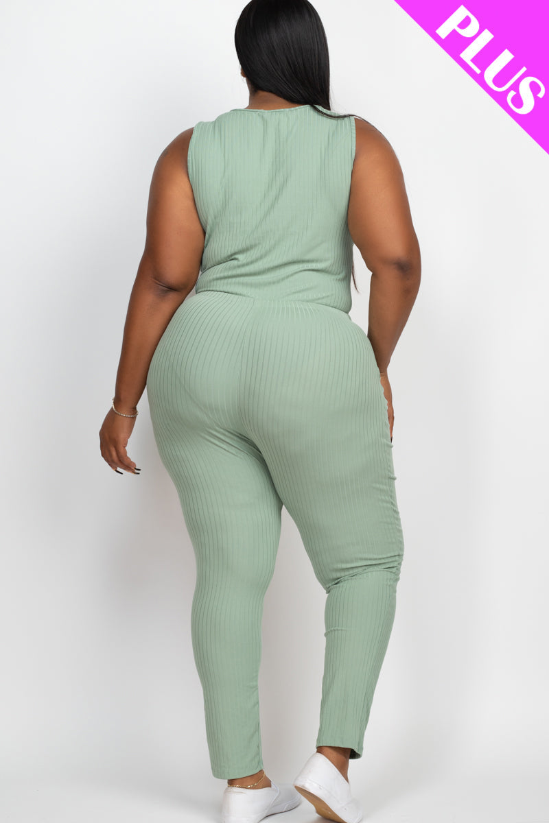 Plus Size Ribbed Sleeveless Drawstring Waist Jumpsuit (CAPELLA) - Capella Apparel