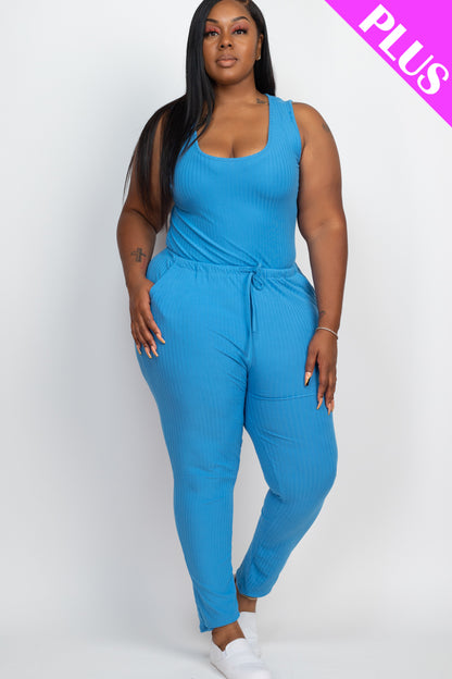 Plus Size Ribbed Sleeveless Drawstring Jumpsuit - Capella Apparel Wholesale