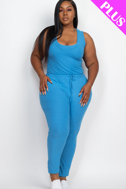 Plus Size Ribbed Sleeveless Drawstring Jumpsuit - Capella Apparel Wholesale