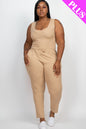 Plus Size Ribbed Sleeveless Drawstring Jumpsuit - Capella Apparel Wholesale