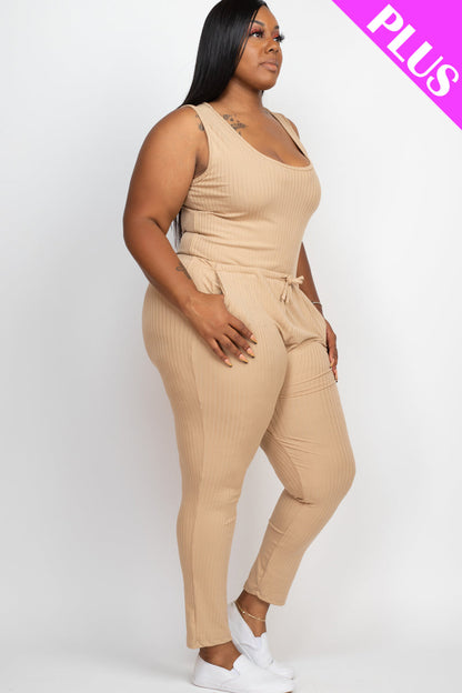 Plus Size Ribbed Sleeveless Drawstring Waist Jumpsuit (CAPELLA) - Capella Apparel