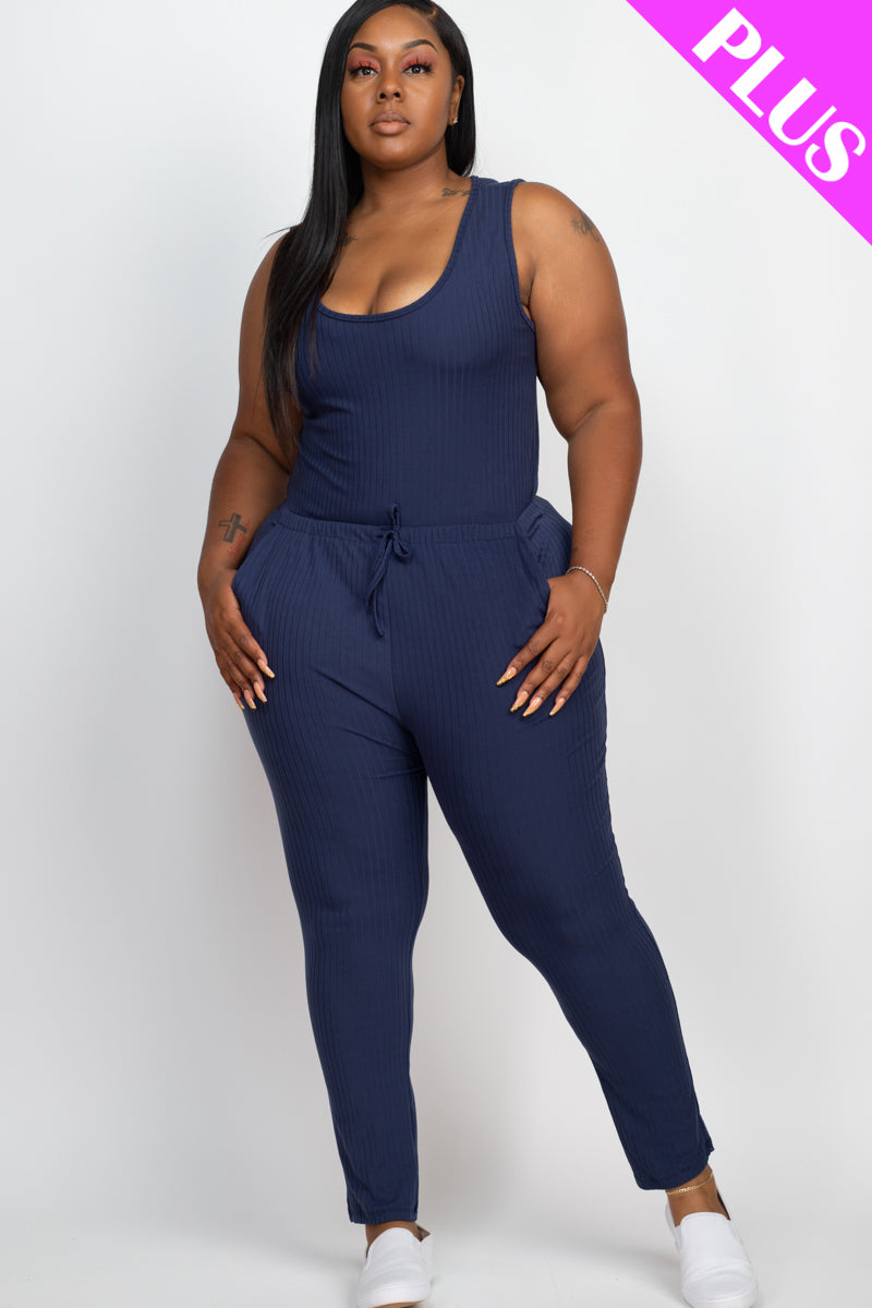 Plus Size Ribbed Sleeveless Drawstring Jumpsuit – Wholesale Capella Apparel