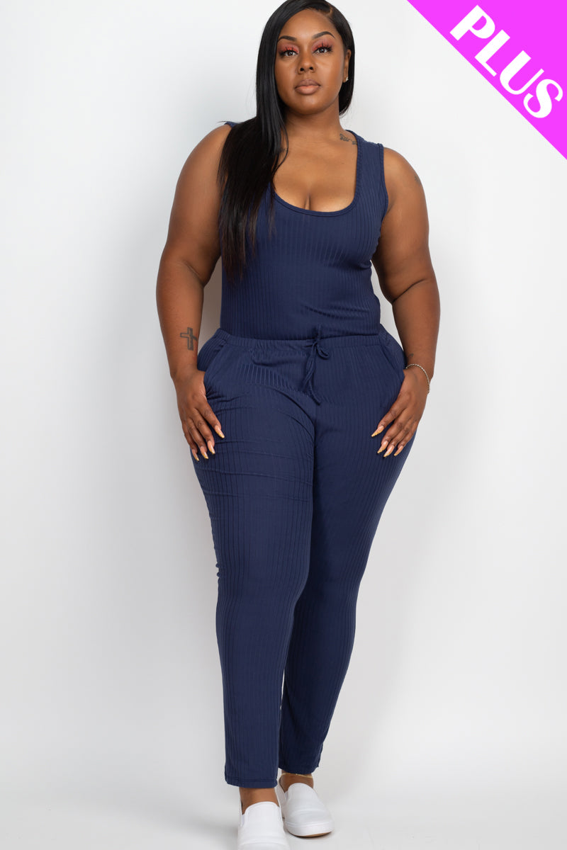 Plus Size Ribbed Sleeveless Drawstring Jumpsuit - Capella Apparel Wholesale