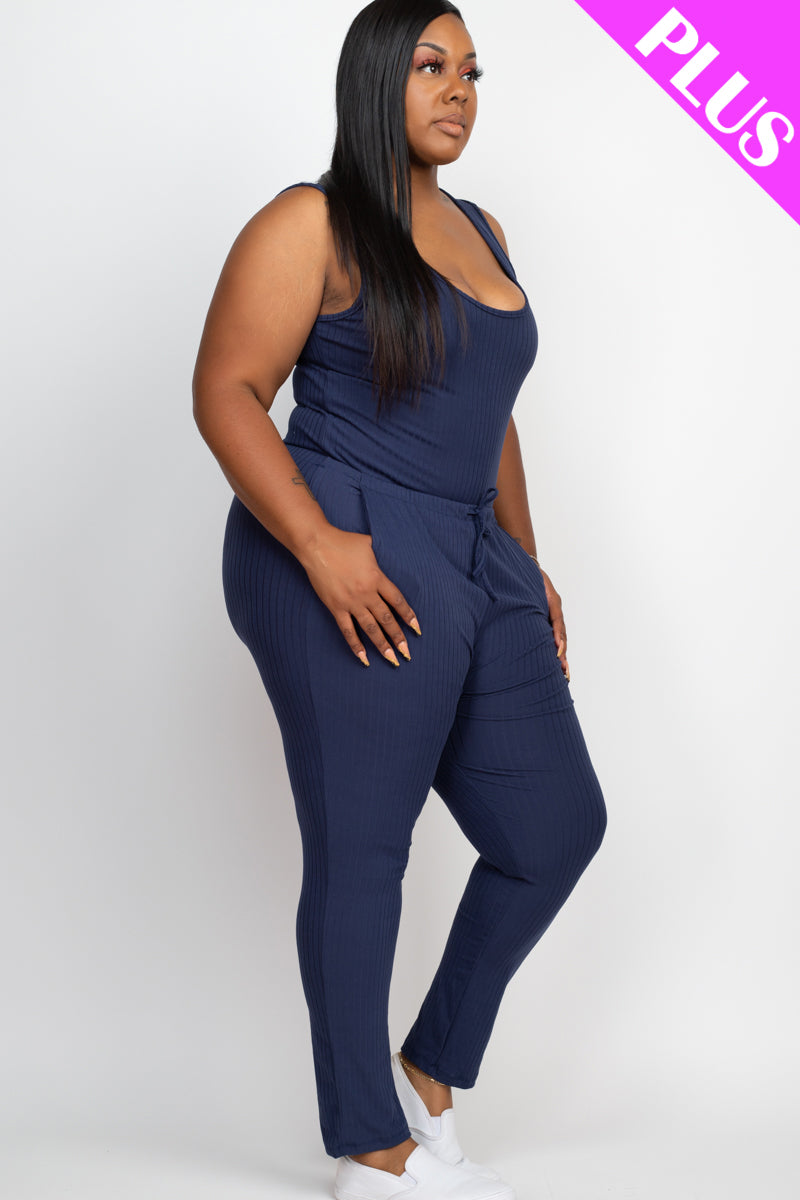 Plus Size Ribbed Sleeveless Drawstring Jumpsuit - Capella Apparel Wholesale