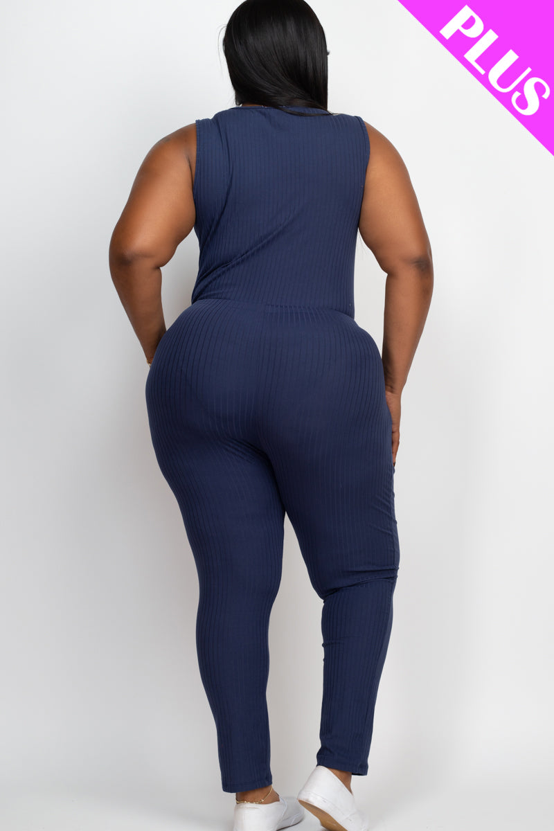 Plus Size Ribbed Sleeveless Drawstring Jumpsuit - Capella Apparel Wholesale