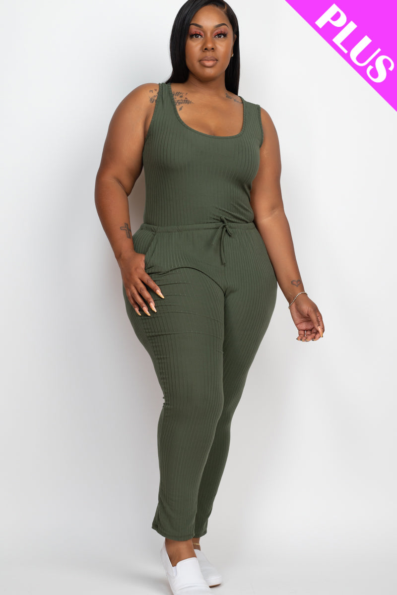 Plus Size Ribbed Sleeveless Drawstring Jumpsuit - Capella Apparel Wholesale