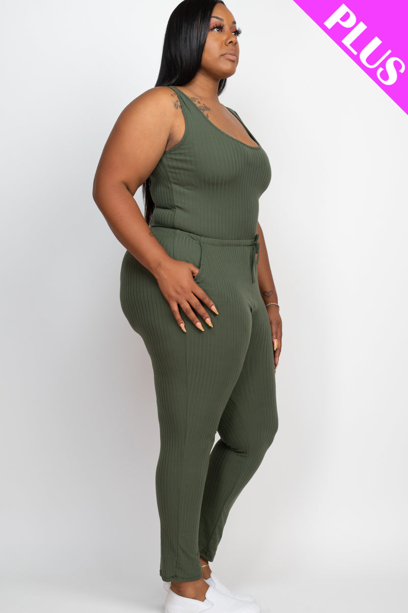 Plus Size Ribbed Sleeveless Drawstring Jumpsuit - Capella Apparel Wholesale