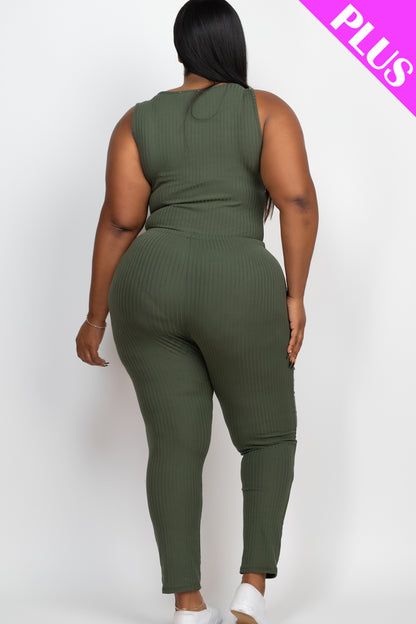 Plus Size Ribbed Sleeveless Drawstring Jumpsuit - Capella Apparel Wholesale