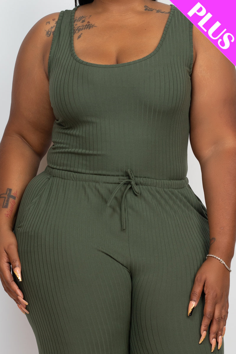 Plus Size Ribbed Sleeveless Drawstring Jumpsuit - Capella Apparel Wholesale