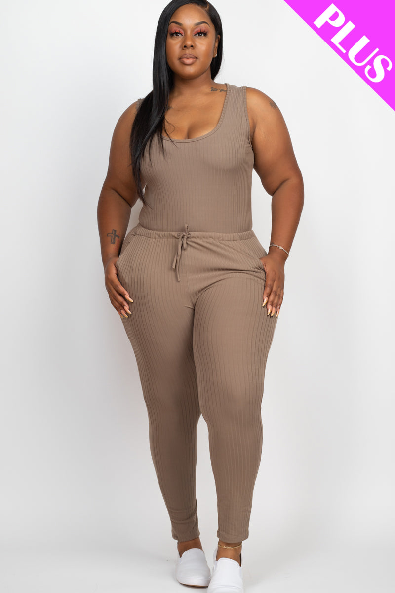 Plus Size Ribbed Sleeveless Drawstring Waist Jumpsuit (CAPELLA) - Capella Apparel