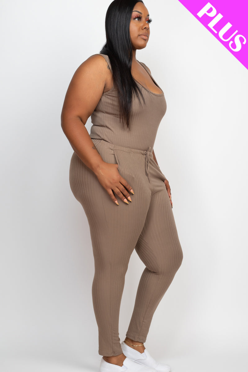 Plus Size Ribbed Sleeveless Drawstring Jumpsuit - Capella Apparel Wholesale