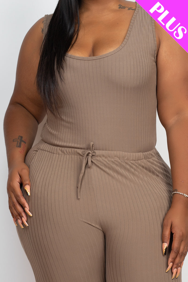 Plus Size Ribbed Sleeveless Drawstring Jumpsuit - Capella Apparel Wholesale