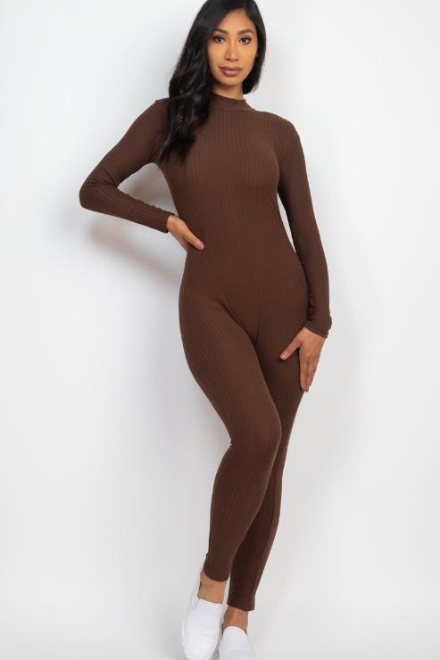 Ribbed Mock Neck Long Sleeve Casual Jumpsuit - Capella Apparel