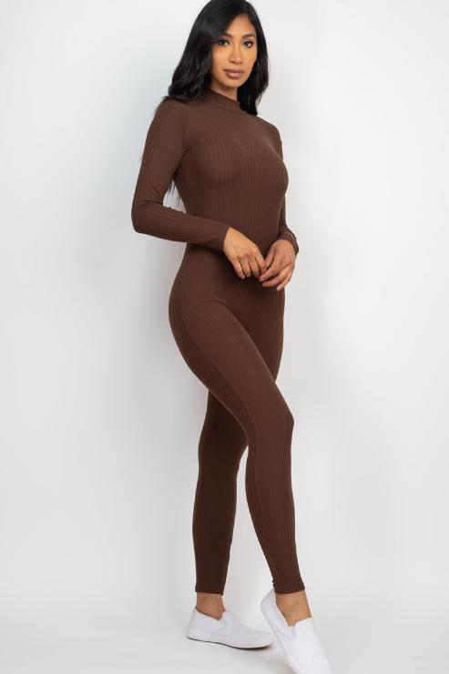 Ribbed Mock Neck Long Sleeve Casual Jumpsuit - Capella Apparel