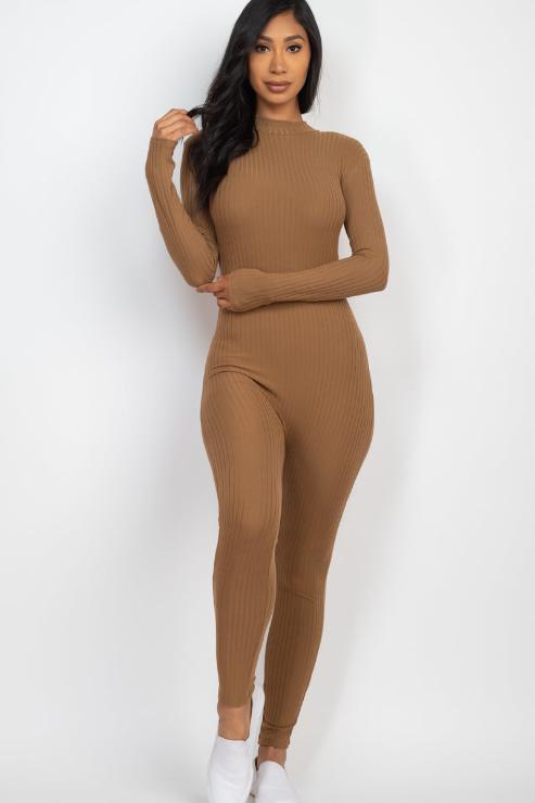 Ribbed Mock Neck Long Sleeve Casual Jumpsuit - Capella Apparel